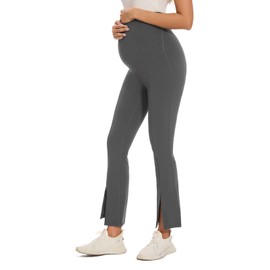 Liu & Qu Maternity Flare Leggings Over The Belly Maternity Workout Leggings Split Front Bootcut Pregnancy Yoga Pants Soft Grey