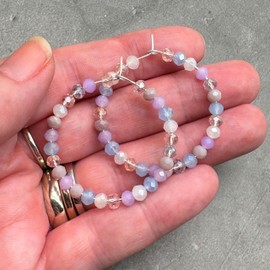 Shimmery Pastel Hoop Earrings - Small Faceted Glass Beads on Nickel Free Silver Plated Hoops : 35mm Diameter