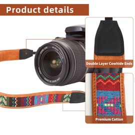 Camera Strap - Camera Strap Shoulder and Neck Strap - 2 Inch Cowhide Leather & Cotton Canvas - Adjustable - Vintage Jacquard Embroidery & Colourful Stripes - Camera Strap for Hanging Cameras