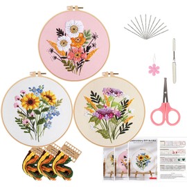 BetterJonny 3 Sets Embroidery Starter Kit, Cross Stitch Set Including Fabric with Stamped Flower Pattern Threads Needles Hoop and Instructions,suitable for Beginners Adults(Flower)
