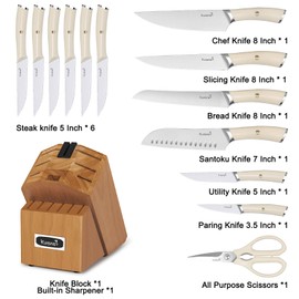 Kuisine Kitchen Knife Set,High Carbon Stainless Steel Ultra Sharp Blade Ergonomic Handle,Knife Block Set with Built-in Sharpener,Elegant Gift for Holiday(Irovy-Acacia,15PCS)