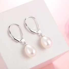 jiamiaoi Pearl Earrings for Women Sterling Silver Pearl Drop Earrings 8mm Freshwater Cultured Shell Pearl Earrings Teardrop Design Fine Jewelry for Women