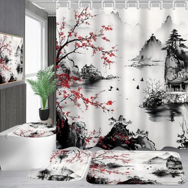Pretyw 4-Piece Cherry Blossoms Shower Curtain Set Mountain Bathroom Set with Shower Curtain and Rugs, Japanese Style Bath Curtain with Hooks for Home Decor