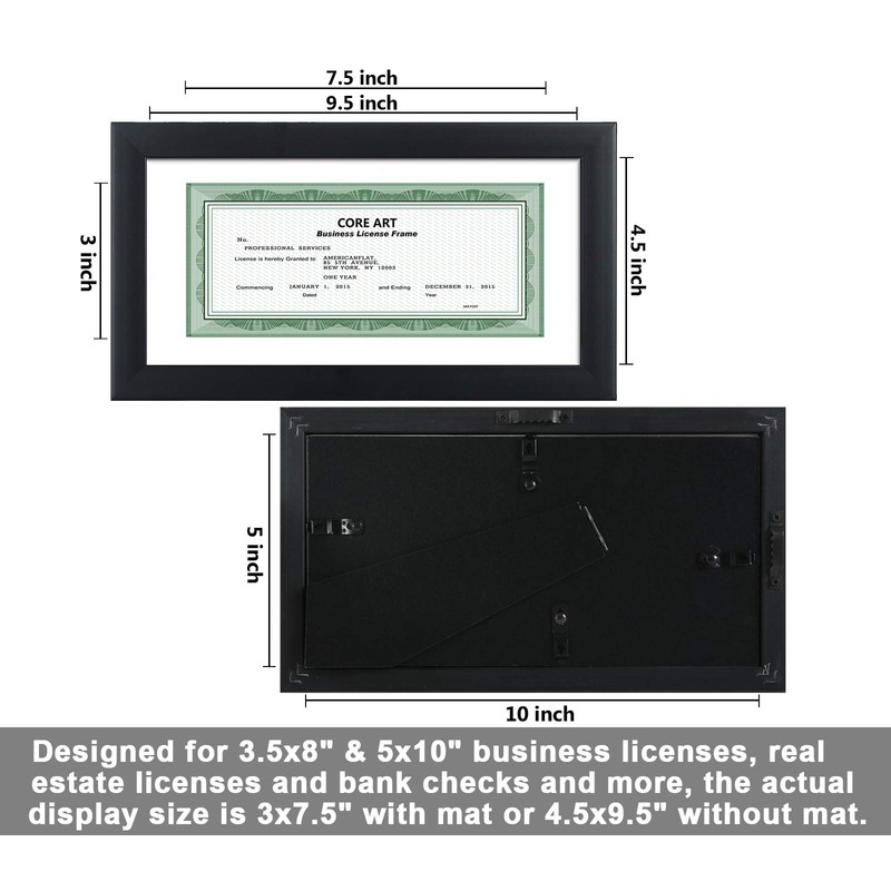 CORE ART 5x10 Business License Frame in Black, Professional Bank