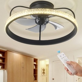 Fandian Modern Indoor Flush Mount Ceiling Fan with Lights,Dimmable LED 6 Speed with Invisible Blades,Remote Low Profile Chandelier Ceiling Fan Lights for Kids Room,Bedroom