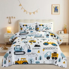 NTBED Construction Truck Twin Comforter Set for Boys Kids Forest Vehicles Excavator Lightweight Microfiber Bedding Sets