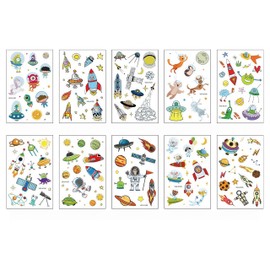 10 Sheets Space Themed Temporary Tattoo Stickers for Kids Creative Astronaut, Galaxy, Universe Designs Mini Fake Tattoos, Easy to Apply & Remove, Non Toxic Waterproof Body Art Planet Stars Style