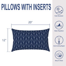 Melody Elephant Outdoor/Indoor Lumbar Pillows, Water Repellent Cushion Pillows, 12x20 Inch, Outdoor Pillows with Inserts for Home Garden, Pack of 2, Herringbone Navy