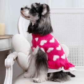 CuteBone Fancy Pink Dog Sweater Dress, Soft and Stretchy Dog Clothes for Small Dogs Girl, Pink Heart Puppy Sweater Pullover Ruffle Dress Pet Outfit Cat Apparel
