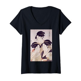 Womens Ukiyo-e Beauty Humor Art Picture Kanji Japan V-Neck T-Shirt