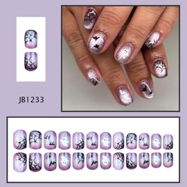 Halloween Press on Nails Short Square 3D Fake Nails Purple Cat Eyes Halloween Nails Press ons With Ghost Spider Webs Bat Design Glitter Acrylic Glue On Nails Artificial Stick on Nails for Women 24Pcs