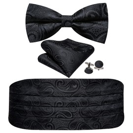 Barry.Wang Cummerbund Bow Tie Set for Men, Silk Cummerbund Pretied Bow Tie Pocket Square Cufflinks