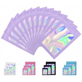 Rimiko Pack of 50 Ziplock Bags, Aluminium Foil with Zip and Transparent Window, Zip Films Mylar Bag, Resealable Bag (Purple Holographic, 10.5 x 15 cm)