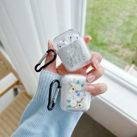 ZTUOK Kompatibel mit AirPods 1 und 2 Hülle für Damen und Mädchen, klares süßes Blumen-Design, mit Schlüsselanhänger, stoßfest, weiche TPU-Hülle für AirPods 1 und 2 (Lila)