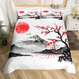 Feelyou Cherry Blossom Duvet Cover Set For Girls Women Queen Size Chic Japanese Style Bedding Set Teen Bedroom Decor Exotic Fuji Mountain Comforter Cover Natural Scenery Art, Soft, Zipper