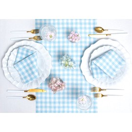 Solino Home Gingham Check Linen Table Runner – 14 x 60 Inch Blue Bell – 100% Pure Linen Fabric Plaid Table Runner – Machine Washable and Handcrafted from European Flax