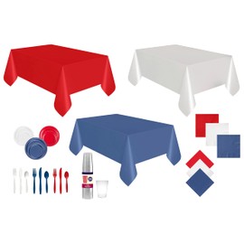 Patriotic Party Supply Set, 244 Pieces, Red White Blue Theme, Complete Tableware for 24 Guests with Tablecloths, Plates, Cups, Cutlery, Napkins