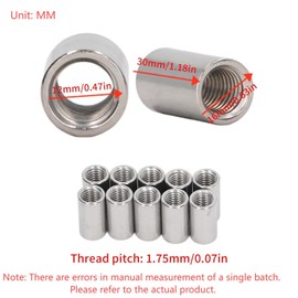 Pack of 10 M12 x 1.75-Pitch 30mm Length Round Coupling Nut 304 Stainless Steel Female Fully Threaded