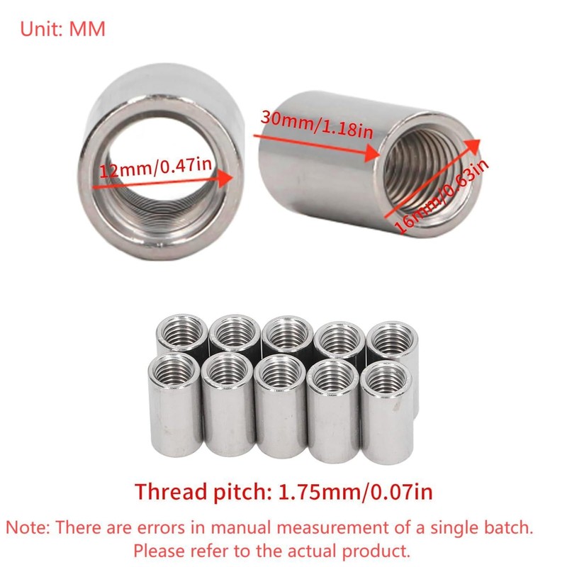 Pack of 10 M12 x 1.75-Pitch 30mm Length Round Coupling