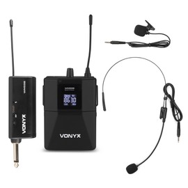 Vonyx WM55B Wireless Microphone Set, Headset Microphone and Lavalier Microphone Wireless with Plug-in Receiver, Lapel Microphone Wireless up to 50 m Range with Pop Filter, UHF 863-865 MHz, Mini