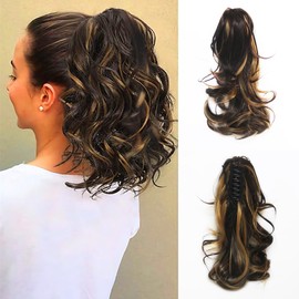 shufang Short Claw Clip Ponytail Extension Drawstring Curly Fake Faux Jaw Balayage Hairpiece Hair Piece Wavy High Pony Tails Synthetic Heat Friendly Fiber for Women Girls Kids (12 Inch, 4/27)