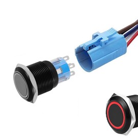 WerFamily Red LED Angel Eye + Power Indicator 19mm Momentary Push Button Switch 1NO 1NC SPDT ON/OFF Waterproof Black Shell Metal Round with Wire Socket Plug