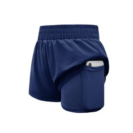 Haloumoning Girls Athletic Shorts High Waist Elastic 2 in 1 Running Shorts with Side Pockets 5-14 Years Navy Blue
