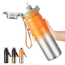 TKK 30 oz Insulated Water Bottle with Straw, Leak Proof Stainless Steel Double Wall Vacuum Thermos with Strap, Reusable Metal Sports Water Bottle for Hot & Cold Drinks, Dishwasher Safe, Orange