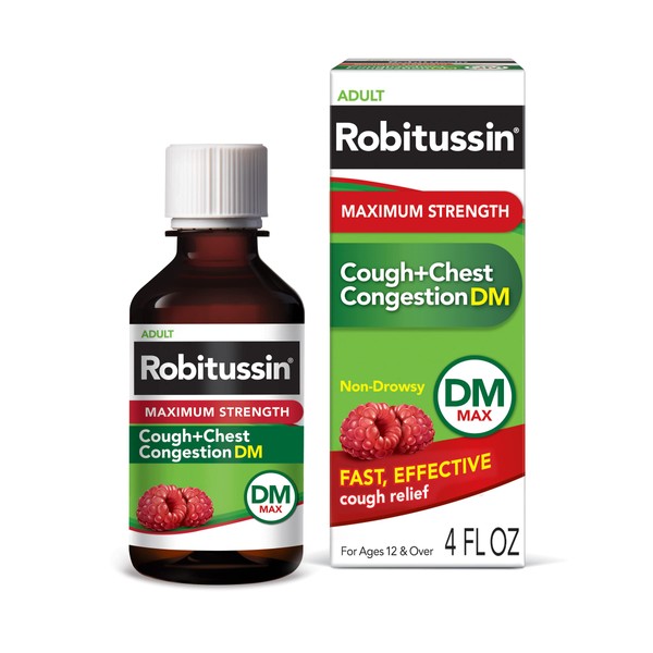 Robitussin Adult Maximum Strength Cough + Chest Congestion DM Max (4 fl. oz. Bottle), Non-Drowsy Cough Suppressant & Expectorant, Raspberry Flavor