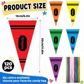 Sabary 120 Pcs Back to School Crayon Gift Bags Bulk Plastic Cone Crayon Goodie Treat Candy Bag with Ribbon First Day of School Party Favor for Kindergarten Preschool Classroom Welcome Students