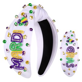NVENF Mardi Gras Headband Carnival Accessories for Women Crown Mask Headbands Green Purple Gold Rhinestone Pearl Jeweled Knotted Headband Fat Tuesday Parade Party Favors Gifts (MARDI GRAS B - White)