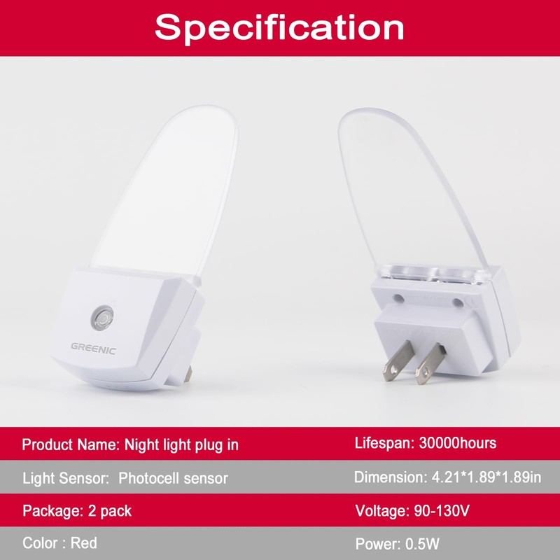 GREENIC Red Plug in LED Night Light 2 Pack Dusk