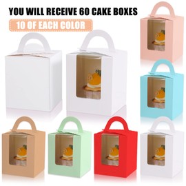 Ctosree 60 Pcs Individual Cupcake Boxes Single Colourful Cupcakes Containers with Insert Window and Handle Kraft Cupcake Holders Portable Cupcake Carriers for Bakery Wedding Party Favor (6 Colors)