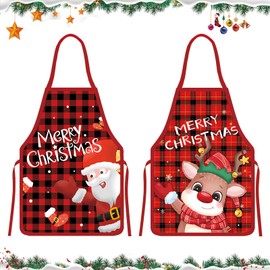 LUVDECO Pack of 2 Christmas Cartoon Apron for Women Men Elk Santa Red Checked Cooking Aprons Novelty Kitchen Christmas Aprons for Cleaning Gardening Baking BBQ Xmas Home Party Gift, red