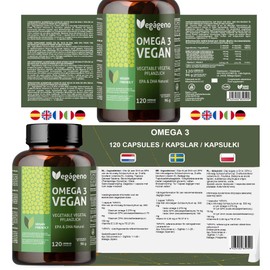 Omega 3 Vegan Algae Oil 2000 mg of Plant Origin. Highly Concentrated 600 mg DHA and 300 mg EPA per Daily Dose. 100% Natural. Gluten Free. Non-GMO. Vegan Friendly