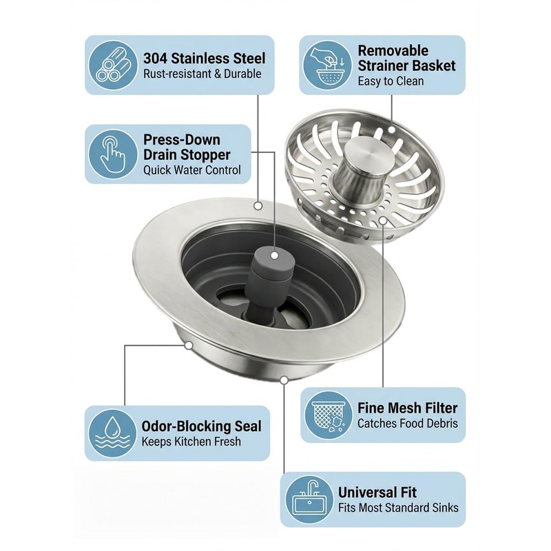EclatFlax Kitchen Sink Stopper, 3-in-1 304 Stainless Steel Sink Drain