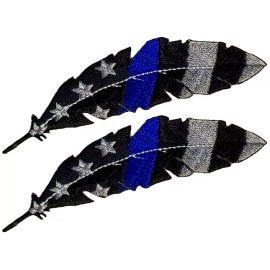 QPS Feather USA Flag Thin blue Line Embroidered Patch - 2PC IRON ON 4"x1"