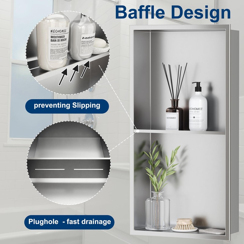 Neodrain No Tile Shower Niche, Stainless Steel Wall Niche 13.1"X25.1"(Inner