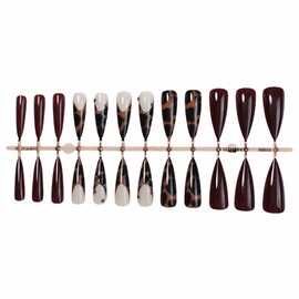 MISUD Fall Press on Nails Long Stiletto Fake Nails Glossy Glue on Nails Brown Cheetah Acrylic Nails Almond Artificial Nails French Tip Stick on False Nails with Design 24pcs