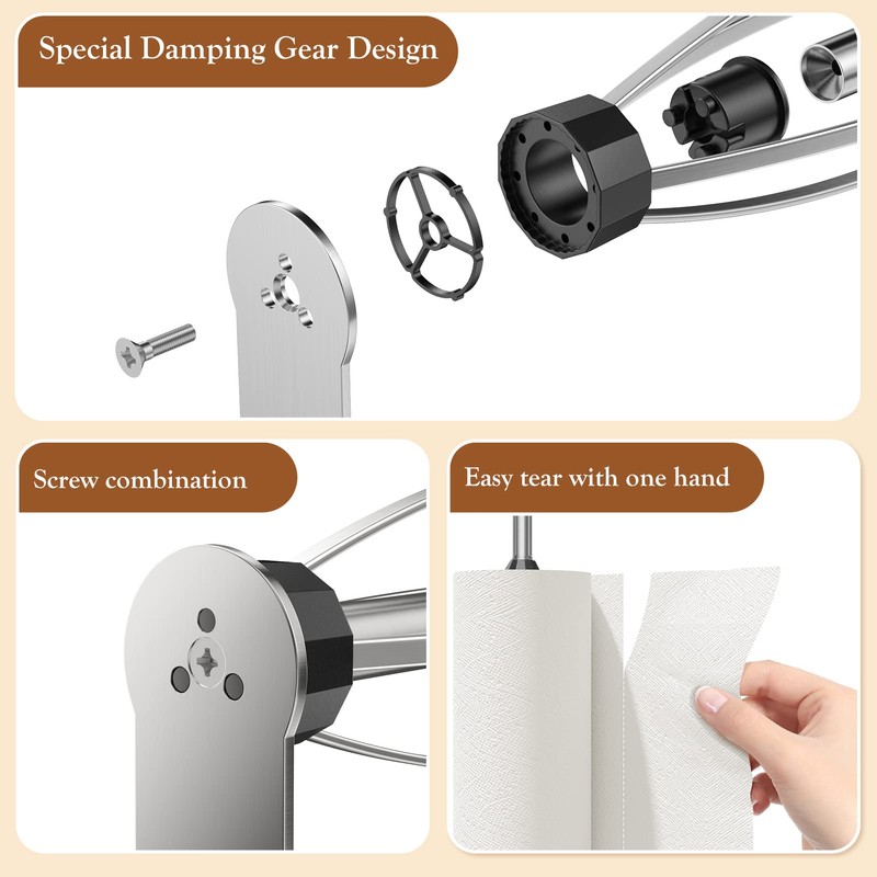 Paper Towel Holder Under Cabinet + Towel Robe Hooks, Single