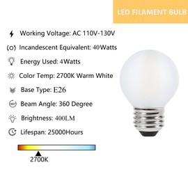 Sunaiony Frosted E26 LED Bulb 4W Dimmable Warm White 2700K, 40 Watt Equivalent LED Light Bulbs, G16.5 Edison LED Frosted Globe Light Bulbs, Vintage Light Bulbs for Chandelier, Pendant, Vanity, 6Pack