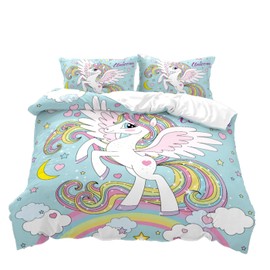 TSOPEFI Pink Unicorn Girls' Bedding Set, Cartoon Unicorn Pattern Children's Duvet Cover Set, Rainbow Clouds and Horses Unicorn Duvet Cover (135 x 200 cm, C)