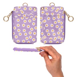 MONDO DESIGNS 2-in-1 ID Badge Holder & Lanyard Wallet - Multi-Use Womens Small Wallet with Removable Wristlet & Neck Lanyard, Clear Window, 5 Card Slots, Phone Holder, Ring Keychain - Purple Daisies
