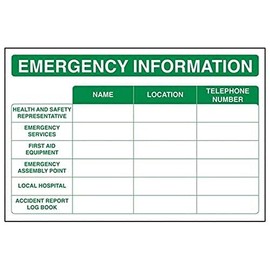 V Safety Emergency Information Sign - 300mm x 200mm - 1mm Rigid Plastic