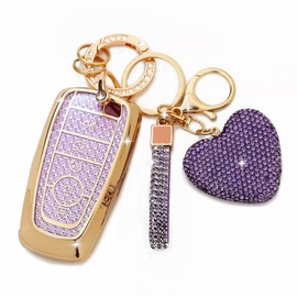Simocky Key Fob Cover with Diamond Keychain, Compatible with Ford Explorer Fusion Escape Edge Expedition F150 F250 F350 F450 F550 Maverick Mustang Car Key Shell (5 Buttons-Purple Heart)
