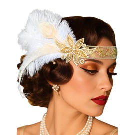 Formery Flapper Headband White Feather 1920s Headpiece Beaded Gatsby Hair Accessories for Women