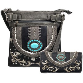 Zelris Western Turquoise Stone Concho Women Conceal Carry Crossbody Messenger (Black Purse Wallet Set)