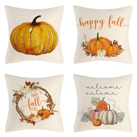 4er Set Thanksgiving Dekorative Kissenbezüge, Herbst Kissenbezüge Zierkissenbezug Kissenhülle, Leinen Kürbis Ahorn Blätter Überwurf Kissenbezug Für Büro Schlafzimmer Auto Dekoration, 45 X 45cm
