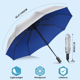 ZOMAKE Travel Umbrella UV Protection - Small Portable Sun Umbrellas Compact - Paraguas Automatic Folding Umbrella Windproof UV Blocking Packable Umbrella Lightweight for Women Men(Silver & Blue)