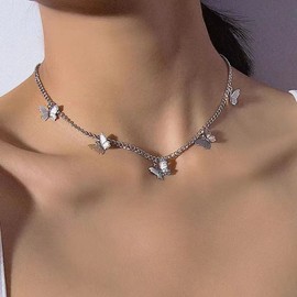ZZ ZINFANDEL Gold Layered Butterfly Choker Necklace for Women,Gold Plated Dainty Choker Long Necklace,Cute Necklace Chain Pendant Fashion Jewelry (Sliver)